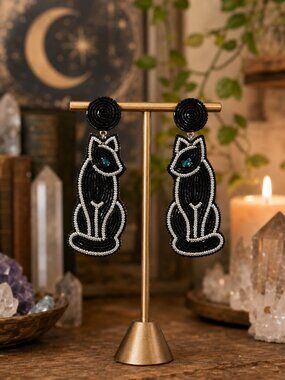 Black Panther Glass Beaded Austrian Crystal Cat Statement Dangle Earrings